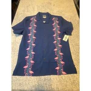 Party Pants Mens‎ Navy Blue Flamingo Short Sleeve Woven Shirt Medium NWT